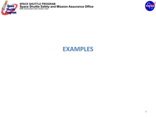 SPACE SHUTTLE PROGRAM
Space Shuttle Safety and Mission Assurance Office
NASA Johnson Space Center, Houston, Texas




                                            EXAMPLES




                                                       8
 
