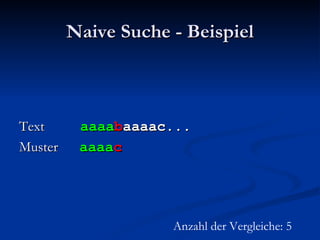 Naive Suche - Beispiel Text  aaaa b aaaac... Muster  aaaa c Anzahl der Vergleiche: 5 