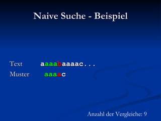 Naive Suche - Beispiel Text  a aaa b aaaac... Muster  aaa a c Anzahl der Vergleiche: 9 