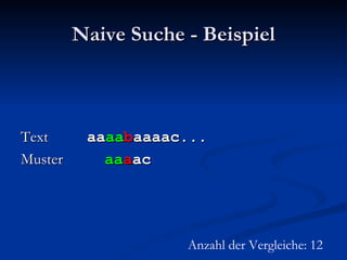 Naive Suche - Beispiel Text  aa aa b aaaac... Muster  aa a ac Anzahl der Vergleiche: 12 