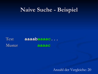 Naive Suche - Beispiel Text  aaaab aaaac ... Muster  aaaac Anzahl der Vergleiche: 20 