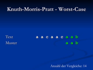 Knuth-Morris-Pratt - Worst-Case Text   a a c a a c  a a b Muster   a a   b Anzahl der Vergleiche: 14 