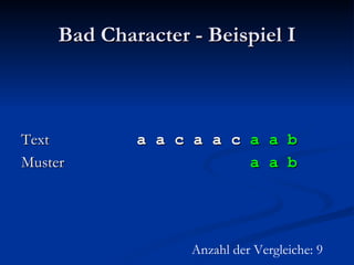 Bad Character - Beispiel I Text   a a c a a c  a a b Muster   a a b Anzahl der Vergleiche: 9 