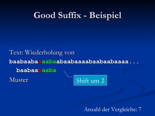 Good Suffix - Beispiel Text: Wiederholung von baabaaba a aaba abaabaaaabaabaabaaaa... baabaa b aaba Muster Anzahl der Vergleiche: 7 Shift um 2 