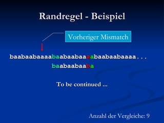 Randregel - Beispiel baabaabaaaa ba abaabaa a a baabaabaaaa... ba abaabaa b a To be continued ... Anzahl der Vergleiche: 9 Vorheriger Mismatch 