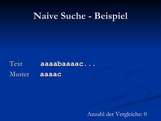 Naive Suche - Beispiel Text  aaaabaaaac... Muster  aaaac Anzahl der Vergleiche: 0 