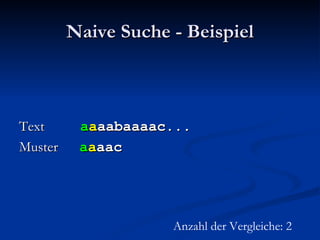 Naive Suche - Beispiel Text  a a aabaaaac... Muster  a a aac Anzahl der Vergleiche: 2 