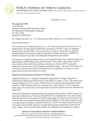 Superintendent Mark Johnson letter to Secretary Eric Boyette