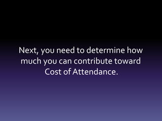 Next, you need to determine how
much you can contribute toward
Cost of Attendance.
 