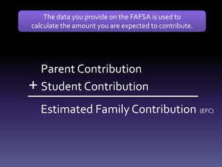 Parent Contribution
Student Contribution+
Estimated Family Contribution
The data you provide on the FAFSA is used to
calculate the amount you are expected to contribute.
(EFC)
 