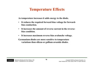 As temperature increases it adds energy to the diode.
• It reduces the required forward bias voltage for forward-
bias conduction.
• It increases the amount of reverse current in the reverse-
bias condition.
Temperature Effects
Temperature Effects
Copyright ©2009 by Pearson Education, Inc.
Upper Saddle River, New Jersey 07458 • All rights reserved.
Electronic Devices and Circuit Theory, 10/e
Robert L. Boylestad and Louis Nashelsky
• It increases maximum reverse bias avalanche voltage.
Germanium diodes are more sensitive to temperature
variations than silicon or gallium arsenide diodes.
16
16
 