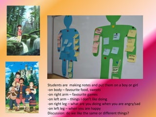 Students are making notes and put them on a boy or girl
-on body – favourite food, sweets
-on right arm – favourite games
-on left arm – things I don’t like doing
-on right leg – what are you doing when you are angry/sad
-on left leg – when you are happy
Discussion: do we like the same or different things?
 