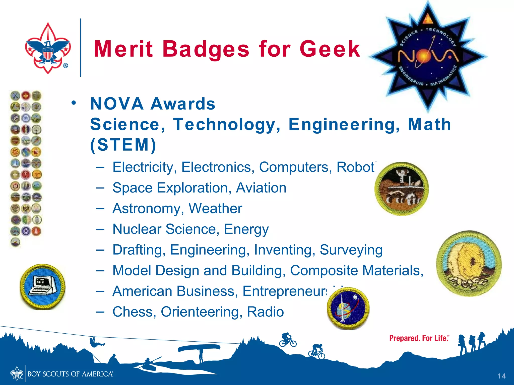 Merit Badges for Geeks

• NOVA Awards
  Science, Technology, Engineering, Math
  (STEM )
  –   Electricity, Electronics, Computers, Robotics
  –   Space Exploration, Aviation
  –   Astronomy, Weather
  –   Nuclear Science, Energy
  –   Drafting, Engineering, Inventing, Surveying
  –   Model Design and Building, Composite Materials,
  –   American Business, Entrepreneurship
  –   Chess, Orienteering, Radio



                                                        14
 