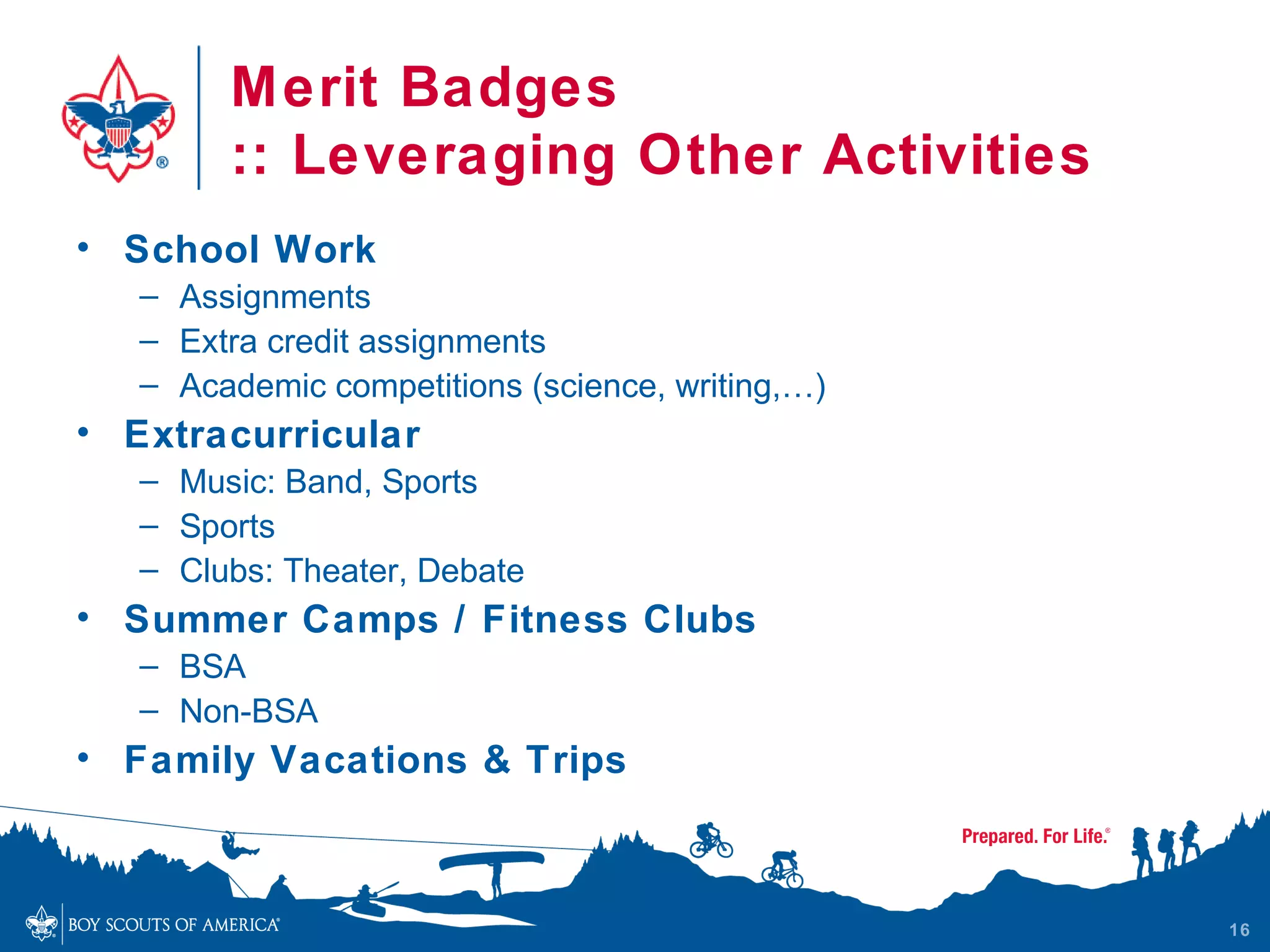 Merit Badges
        :: Leveraging Other Activities
• School Work
   – Assignments
   – Extra credit assignments
   – Academic competitions (science, writing,…)
• Extracurricular
   – Music: Band, Sports
   – Sports
   – Clubs: Theater, Debate
• Summer Camps / Fitness Clubs
   – BSA
   – Non-BSA
• Family Vacations & Trips



                                                  16
 