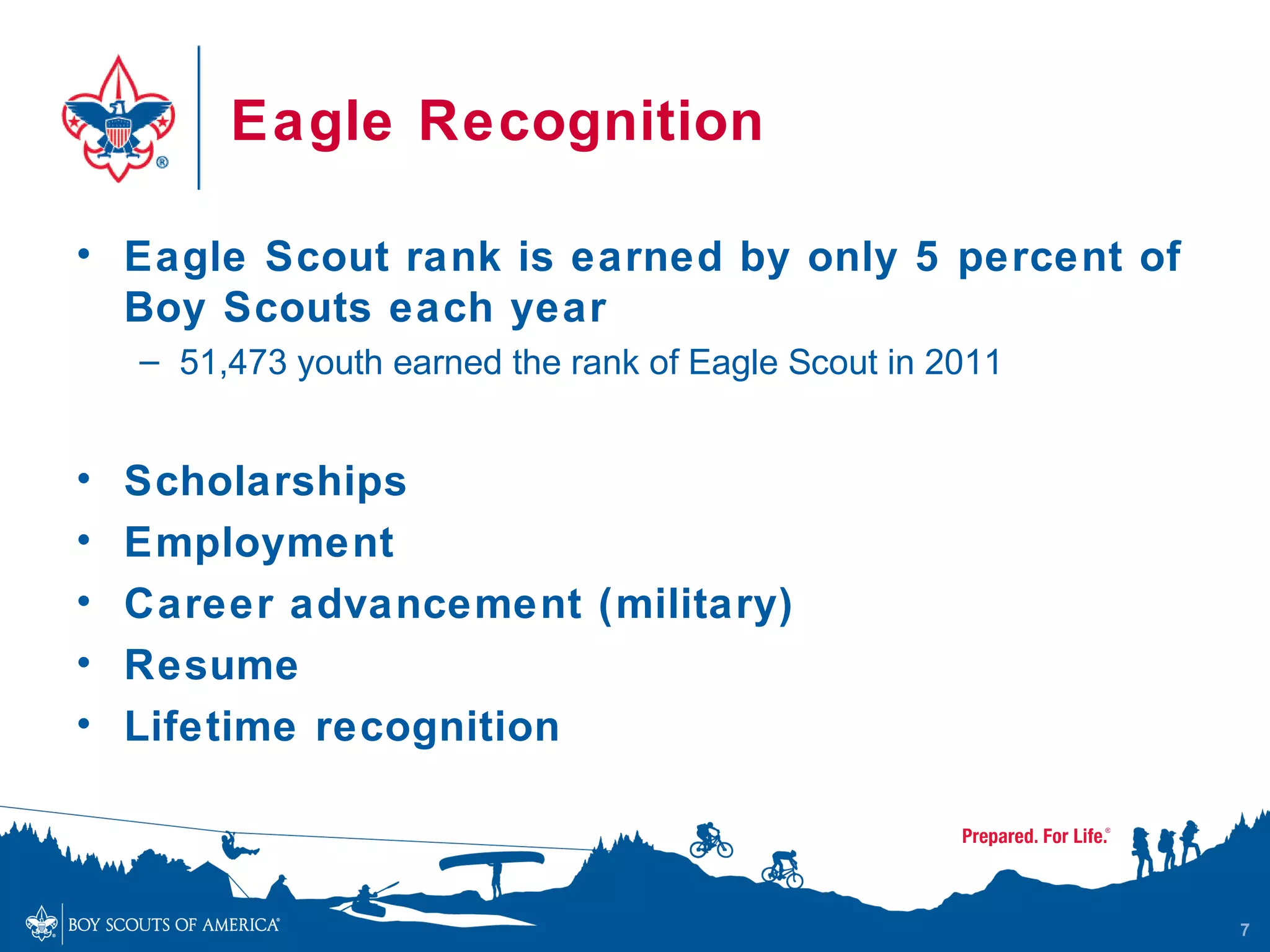 Eagle Recognition

• Eagle Scout rank is earned by only 5 percent of
  Boy Scouts each year
    – 51,473 youth earned the rank of Eagle Scout in 2011


•   Scholarships
•   Employment
•   Career advancement (military)
•   Resume
•   Lifetime recognition



                                                            7
 