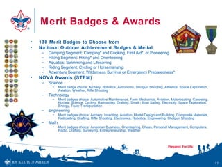 Merit Badges & Awards
•   130 Merit Badges to Choose from
•   National Outdoor Achievement Badges & Medal
     –   Camping Segment: Camping* and Cooking, First Aid*, or Pioneering.
     –   Hiking Segment: Hiking* and Orienteering
     –   Aquatics: Swimming and Lifesaving
     –   Riding Segment: Cycling or Horsemanship
     –   Adventure Segment: Wilderness Survival or Emergency Preparedness*
•   NOVA Awards (STEM)
     –   Science
           •    Merit badge choice: Archery, Robotics, Astronomy, Shotgun Shooting, Athletics, Space Exploration,
                Aviation, Weather, Rifle Shooting
     –   Technology
           •    Merit badges choice: Automotive Maintenance, Farm Mechanics, Aviation, Motorboating, Canoeing,
                Nuclear Science, Cycling, Railroading, Drafting, Small - Boat Sailing, Electricity, Space Exploration,
                Energy, Truck Transportation
     –   Engineering
           •    Merit badges choice: Archery, Inventing, Aviation, Model Design and Building, Composite Materials,
                Railroading, Drafting, Rifle Shooting, Electronics, Robotics, Engineering, Shotgun Shooting
     –   Math
           •    Merit badges choice: American Business, Orienteering, Chess, Personal Management, Computers,
                Radio, Drafting, Surveying, Entrepreneurship, Weather




                                                                                                                         12
 
