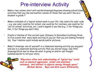 Pre-interview Activity
•   Make a two column chart with words/drawings/diagrams showing school/class
    activities that you like and another column of those that you don‟t like as a
    student in grade 7

•   Make a schedule of a typical school week in your life. Use colors (to color code
    – e.g. one color could be for school, one could be for routines, one could be for
    “out-of-school” activities, etc. ) and a legend if you like (e.g.  for things you
    like,  for things you don‟t like)

•   Create a timeline of this current year (January to December) outlining three
    to five events that were most exciting to you (or that you are looking forward
    to). Your timeline could include words and/or pictures.

•   Make 2 drawings: one of yourself in a classroom learning activity you enjoyed;
    and one in a classroom learning activity that you did not enjoy. Use little
    drawings/stick men to show me what is going on and/or use thought
    bubbles/words to tell your story.

                 “Educators often lack understanding of „typical boy‟ traits
                 such as physical aggression, verbal and emotional
                 reticence, and interest in objects moving through space”.
                        Michael Gurian , Boys and Girls Learn Differently,
 