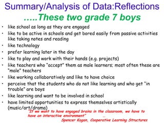 Summary/Analysis of Data:Reflections
    …..These two grade 7 boys
• like school as long as they are engaged
• like to be active in schools and get bored easily from passive activities
  like taking notes and reading
• like technology
• prefer learning later in the day
• like to play and work with their hands (e.g. projects)
• like teachers who “accept” them as male learners; most often these are
  “male” teachers
• like working collaboratively and like to have choice
• perceive that the students who do not like learning and who get “in
  trouble” are boys
• like learning and want to be involved in school
• have limited opportunities to express themselves artistically
  (music/art/drama)
            “If we want to have engaged brains in the classroom, we have to
            have an interactive environment”         …
                               Spencer Kagan, Cooperative Learning Structures
 