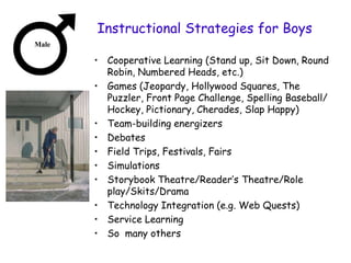 Instructional Strategies for Boys
Male

       • Cooperative Learning (Stand up, Sit Down, Round
         Robin, Numbered Heads, etc.)
       • Games (Jeopardy, Hollywood Squares, The
         Puzzler, Front Page Challenge, Spelling Baseball/
         Hockey, Pictionary, Cherades, Slap Happy)
       • Team-building energizers
       • Debates
       • Field Trips, Festivals, Fairs
       • Simulations
       • Storybook Theatre/Reader‟s Theatre/Role
         play/Skits/Drama
       • Technology Integration (e.g. Web Quests)
       • Service Learning
       • So many others
 