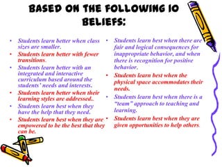 based on the following 10
                Beliefs:
• Students learn better when class •     Students learn best when there are
  sizes are smaller.                     fair and logical consequences for
• Students learn better with fewer       inappropriate behavior, and when
  transitions.                           there is recognition for positive
• Students learn better with an          behavior.
  integrated and interactive         •   Students learn best when the
  curriculum based around the            physical space accommodates their
  students’ needs and interests.
                                         needs.
• Students learn better when their
  learning styles are addressed..    •   Students learn best when there is a
• Students learn best when they          “team” approach to teaching and
  have the help that they need.          learning.
• Students learn best when they are •    Students learn best when they are
  empowered to be the best that they     given opportunities to help others.
  can be.
 