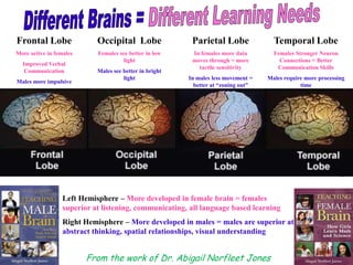 Frontal Lobe                Occipital Lobe                Parietal Lobe               Temporal Lobe
More active in females      Females see better in low     In females more data        Females Stronger Neuron
                                      light               moves through = more          Connections = Better
  Improved Verbal
                                                            tactile sensitivity        Communication Skills
   Communication            Males see better in bright
                                      light              In males less movement =   Males require more processing
Males more impulsive
                                                           better at “zoning out”               time




                  Left Hemisphere – More developed in female brain = females
                  superior at listening, communicating, all language based learning
                  Right Hemisphere – More developed in males = males are superior at
                  abstract thinking, spatial relationships, visual understanding


                         From the work of Dr. Abigail Norfleet Jones
 