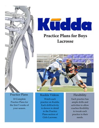 Practice  Plans  
10  Complete  
Practice  Plans  for  
the  first  5  weeks  of  
your  season.    
Kudda  Videos  
Watch  each  
practice  on  Kudda.  
Each  drill/activity  
is  shown  in  detail  
in  the  Practice  
Plans  section  of  
Girls  Lacrosse.  
Flexibility  
Each  practice  has  
ample  drills  and  
activities  to  allow  
coaches  flexibility  
to  tweak  each  
practice  to  their  
needs.  
Practice Plans for Boys
Lacrosse
 