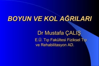BOYUN VE KOL AĞRILARI

       Dr Mustafa ÇALIŞ
      E.Ü. Tıp Fakültesi Fiziksel Tıp
      ve Rehabilitasyon AD.
 