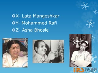 X- Lata Mangeshkar
Y- Mohammed Rafi
Z- Asha Bhosle
 