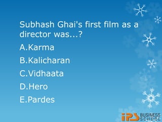 Subhash Ghai's first film as a
director was...?
A.Karma
B.Kalicharan
C.Vidhaata
D.Hero
E.Pardes
 
