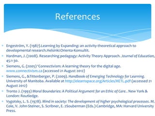 References

Engeström, Y. (1987).Learning by Expanding: an activity-theoretical approach to
developmental research.Helsinki:Orienta-Konsultit.
Hardman, J. (2008). Researching pedagogy: Activity Theory Approach. Journal of Education,
45:1-30.
Siemens, G. (2005) ‘Connectivism: A learning theory for the digital age.
www.connectivism.ca (accessed 21 August 2012)
Siemens, G., &Tittenberger, P. (2009). Handbook of Emerging Technology for Learning.
University of Manitoba. Available at http://elearnspace.org/Articles/HETL.pdf (accessed 21
August 2012)
Tronto J. (1993) Moral Boundaries: A Political Argument for an Ethic of Care.. New York &
London: Routledge.
Vygotsky, L. S. (1978). Mind in society: The development of higher psychological processes. M.
Cole, V. John-Steiner, S. Scribner, E. 2Souberman (Eds.) Cambridge, MA: Harvard University
Press.
 