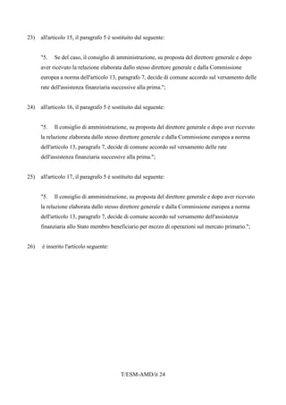 T/ESM-AMD/it 24
23) all'articolo 15, il paragrafo 5 è sostituito dal seguente:
"5. Se del caso, il consiglio di amministrazione, su proposta del direttore generale e dopo
aver ricevuto la relazione elaborata dallo stesso direttore generale e dalla Commissione
europea a norma dell'articolo 13, paragrafo 7, decide di comune accordo sul versamento delle
rate dell'assistenza finanziaria successive alla prima.";
24) all'articolo 16, il paragrafo 5 è sostituito dal seguente:
"5. Il consiglio di amministrazione, su proposta del direttore generale e dopo aver ricevuto
la relazione elaborata dallo stesso direttore generale e dalla Commissione europea a norma
dell'articolo 13, paragrafo 7, decide di comune accordo sul versamento delle rate
dell'assistenza finanziaria successive alla prima.";
25) all'articolo 17, il paragrafo 5 è sostituito dal seguente:
"5. Il consiglio di amministrazione, su proposta del direttore generale e dopo aver ricevuto
la relazione elaborata dallo stesso direttore generale e dalla Commissione europea a norma
dell'articolo 13, paragrafo 7, decide di comune accordo sul versamento dell'assistenza
finanziaria allo Stato membro beneficiario per mezzo di operazioni sul mercato primario.";
26) è inserito l'articolo seguente:
 
