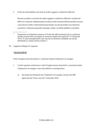 T/ESM-AMD/it 34
3. Criteri di ammissibilità a una linea di credito soggetta a condizioni rafforzate
Possono accedere a una linea di credito soggetta a condizioni rafforzate i membri del
MES cui il mancato soddisfacimento di alcuni criteri di ammissibilità preclude l'accesso
a una linea di credito condizionale precauzionale, ma che presentano una situazione
economica e finanziaria generale comunque solida e un debito pubblico sostenibile.
_______________
*
Il parametro di riferimento minimo è il livello del saldo strutturale che in condizioni
cicliche normali offre un margine di sicurezza rispetto alla soglia del 3 % fissata dal
TFUE. È usato principalmente come uno dei tre elementi considerati nel calcolo
dell'obiettivo a medio termine minimo.";
35) è aggiunto l'allegato IV seguente:
"ALLEGATO IV
Criteri di approvazione dei prestiti e versamenti tramite il dispositivo di sostegno
1. I criteri seguenti costituiscono i criteri di approvazione dei prestiti e versamenti tramite
il dispositivo di sostegno e sono stati stabiliti in considerazione:
a) dei termini di riferimento per il dispositivo di sostegno comune allo SRF
approvato dal Vertice euro del 14 dicembre 2018;
 