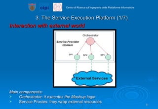 3. The Service Execution Platform (1/7) Interaction with external world Main components: Orchestrator: it executes the Mashup logic Service Proxies: they wrap external resources 