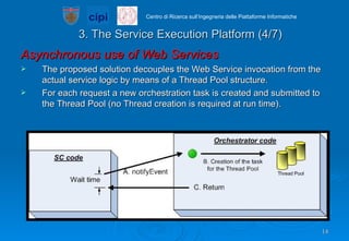 3. The Service Execution Platform (4/7) Asynchronous use of Web Services The proposed solution decouples the Web Service invocation from the actual service logic by means of a Thread Pool structure.  For each request a new orchestration task is created and submitted to the Thread Pool (no Thread creation is required at run time). 