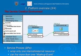 2. Platform overview (3/4) The Service Creation Environment Service Proxies (SPs): wrap only one internal/external resource can fire more than one “Mashup Event”  