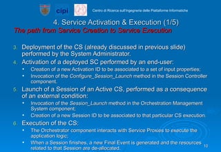 4. Service Activation & Execution (1/5) The path from Service Creation to Service Execution Deployment of the CS (already discussed in previous slide) performed by the System Administrator. Activation of a deployed SC performed by an end-user: Creation of a new Activation ID to be associated to a set of input properties; Invocation of the  Configure_Session_Launch  method in the Session Controller component. Launch of a Session of an Active CS, performed as a consequence of an external condition: Invocation of the  Session_Launch  method in the Orchestration Management System component; Creation of a new Session ID to be associated to that particular CS execution.  Execution of the CS:  The Orchestrator component interacts with Service Proxies to execute the application logic; When a Session finishes, a new Final Event is generated and the resources related to that Session are de-allocated. 
