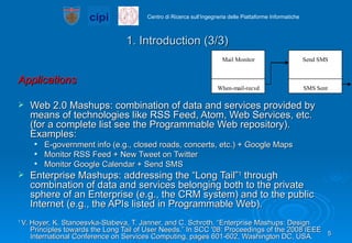 1. Introduction (3/3) Applications Web 2.0 Mashups: combination of data and services provided by means of technologies like RSS Feed, Atom, Web Services, etc. (for a complete list see the Programmable Web repository). Examples:  E-government info (e.g., closed roads, concerts, etc.) + Google Maps Monitor RSS Feed + New Tweet on Twitter  Monitor Google Calendar + Send SMS Enterprise Mashups: addressing the “Long Tail” 1  through combination of data and services belonging both to the private sphere of an Enterprise (e.g., the CRM system) and to the public Internet (e.g., the APIs listed in Programmable Web).  1  V. Hoyer, K. Stanoesvka-Slabeva, T. Janner, and C. Schroth. “Enterprise Mashups: Design Principles towards the Long Tail of User Needs.” In SCC '08: Proceedings of the 2008 IEEE International Conference on Services Computing, pages 601-602, Washington DC, USA. 