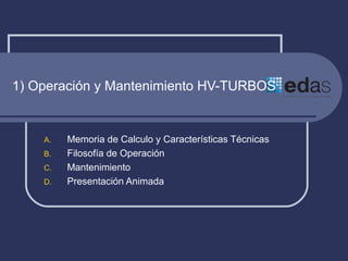 1) Operación y Mantenimiento HV-TURBOS
A. Memoria de Calculo y Características Técnicas
B. Filosofía de Operación
C. Mantenimiento
D. Presentación Animada
 