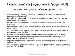 Рациональный Унифицированный Процесс (RUP) состоит из девяти рабочих процессовМоделирование бизнес-процессов – описывается структура и динамика организации (заказчика);Разработка требований – описывается основанный на прецедентах метод постановки требований;Анализ и проектирование – описываются различные виды архитектуры системы:Реализация – собственно разработка программ, автономное тестирование и интеграция;Тестирование – описываются тестовые сценарии, процедуры и метрики для измерения числа ошибок;Развертывание – охватывает конфигурирование поставленной системы;Управление конфигурацией – управление изменениями и поддержание целостности артефактов проекта;Управление проектом – описывает разные стратегии работы с итеративным процессом;Анализ среды – рассматриваются вопросы инфраструктуры, необходимой для разработки системы.32Семинар «Моделирование бизнес-процессов» Колтунова Екатерина32
