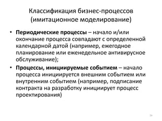 Классификация бизнес-процессов (имитационное моделирование)Периодические процессы – начало и/или окончание процесса совпадают с определенной календарной датой (например, ежегодное планирование или еженедельное антивирусное обслуживание);Процессы, инициируемые событием – начало процесса инициируется внешним событием или внутренним событием (например, подписание контракта на разработку инициирует процесс проектирования)39