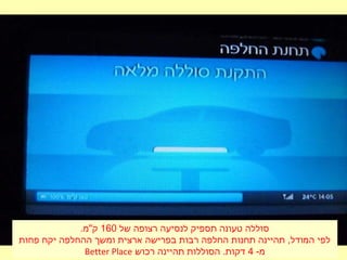 ‫של‬ ‫רצופה‬ ‫לנסיעה‬ ‫תספיק‬ ‫טעונה‬ ‫סוללה‬160.‫ק"מ‬
‫פחות‬ ‫יקח‬ ‫ההחלפה‬ ‫ומשך‬ ‫ארצית‬ ‫בפרישה‬ ‫רבות‬ ‫החלפה‬ ‫תחנות‬ ‫תהיינה‬ ,‫המודל‬ ‫לפי‬
-‫מ‬4‫רכוש‬ ‫תהיינה‬ ‫הסוללות‬ .‫דקות‬Better Place
 