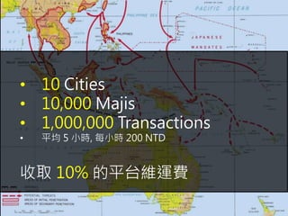 ? 10 Cities
? 10,000 Majis
? 1,000,000 Transactions
? ƽ 5 Сr, ÿСr 200 NTD
ȡ 10% ƽ̨S\M
 