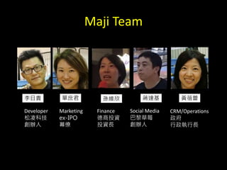 Maji Team
F  OS Y_ S
Developer
Ƽ
k
Marketing
ex-IPO
Ļ
Finance
ͶY
ͶYL
Social Media
ݮ
k
CRM/Operations

L
 