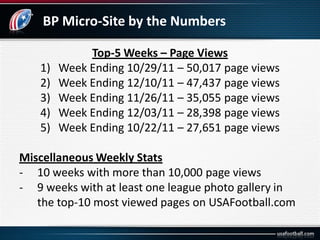 BP Micro-Site by the Numbers
Top-5 Weeks – Page Views
1) Week Ending 10/29/11 – 50,017 page views
2) Week Ending 12/10/11 ...