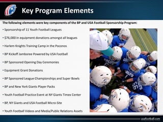Key Program Elements
The following elements were key components of the BP and USA Football Sponsorship Program:
• Sponsors...