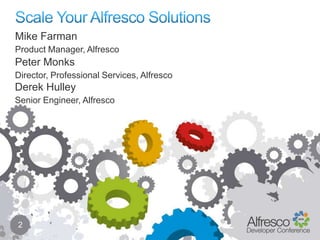 Mike Farman
Product Manager, Alfresco
Peter Monks
Director, Professional Services, Alfresco
Derek Hulley
Senior Engineer, Alfresco




2
 