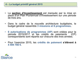 15
4 – Le budget primitif général 2015
• La section d’Investissement est marquée par la mise en
place d’un Plan Pluriannuel d’Investissement sur une période
de trois ans.
• Dans le cadre de la nouvelle architecture budgétaire, le
budget général rassemble 3 missions et 6 programmes.
• 6 autorisations de programmes (AP) sont créées pour la
période 2015/2017 et les crédits de paiements (CP)
correspondants sont répartis sur chacune des trois années.
• Pour l’exercice 2015, les crédits de paiement s’élèvent à
4 494 700 €.
 