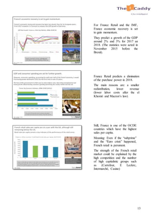 13
For France Retail and the IMF,
France economic recovery is set
to gain momentum.
They predict a growth of the GDP
around 2% and 3% for 2017 an
2018. (The statistics were acted in
November 2015 before the
Brexit).
France Retail predicts a diminution
of the purchase power in 2018.
The main reasons are: a smaller
redistribution, lower revenue
(lower labor costs after the el
Khomri and Macron’s law)
Still, France is one of the OCDE
countries which have the highest
sales per capita.
Meaning: Even if the “subprime”
and the “Euro crisis” happened,
French retail is persistent.
The strength of the French retail
market could be explained by the
high competition and the number
of high capitalistic groups such
as (Carrefour, E Leclerc,
Intermarché, Casino)
 