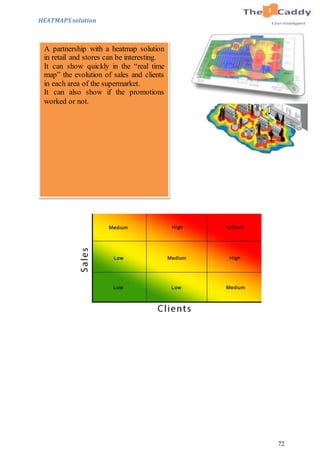 72
HEATMAPS solution
A partnership with a heatmap solution
in retail and stores can be interesting.
It can show quickly in the “real time
map” the evolution of sales and clients
in each area of the supermarket.
It can also show if the promotions
worked or not.
 
