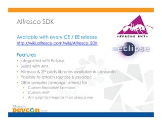 Alfresco SDK

Available with every CE / EE release
http://wiki.alfresco.com/wiki/Alfresco_SDK

Features
•    Integrated with Eclipse
•    Builds with Ant
•    Alfresco & 3rd party libraries available in classpath
•    Possible to attach sources & javadoc
•    Offer samples (amongst others) for
      •    Custom Repository Extension
      •    Custom AMP
      •    Ant script to integrate in an alresco.war
 